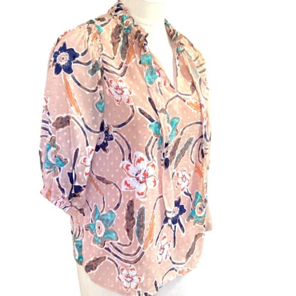 JOIE Polka Dot Tie-Neck Floral & Swiss Dot Blouse Sz S #69P - Picture 4 of 11